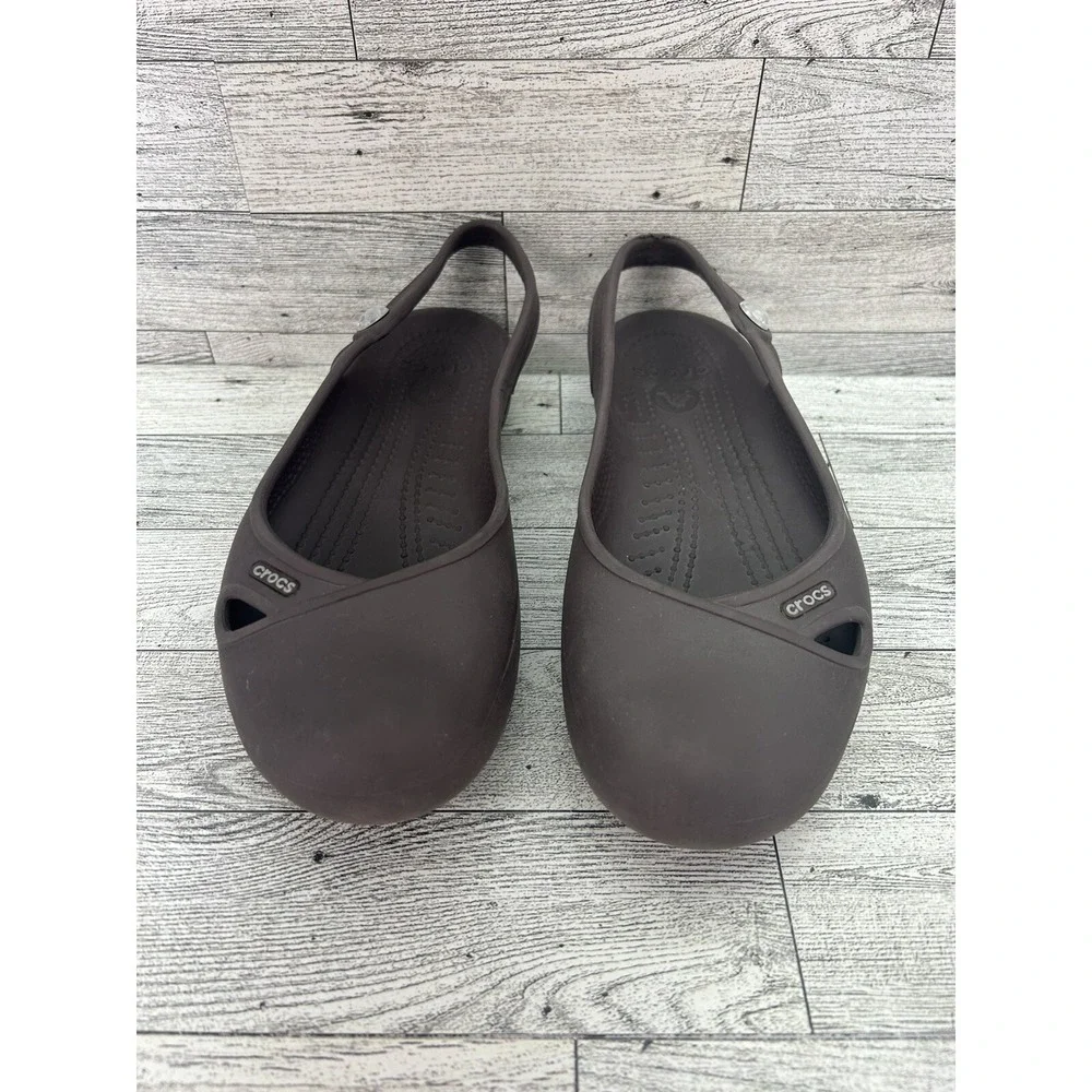 CROCS Women's Olivia Flats Brown Rubber Slingback Shoe Beach Jewel Comfy Size‎ 6